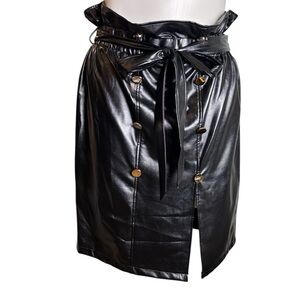 SHEIN 2XL Black Faux Leather Pencil Skirt Button Accents Paperbag Waist Tie Belt